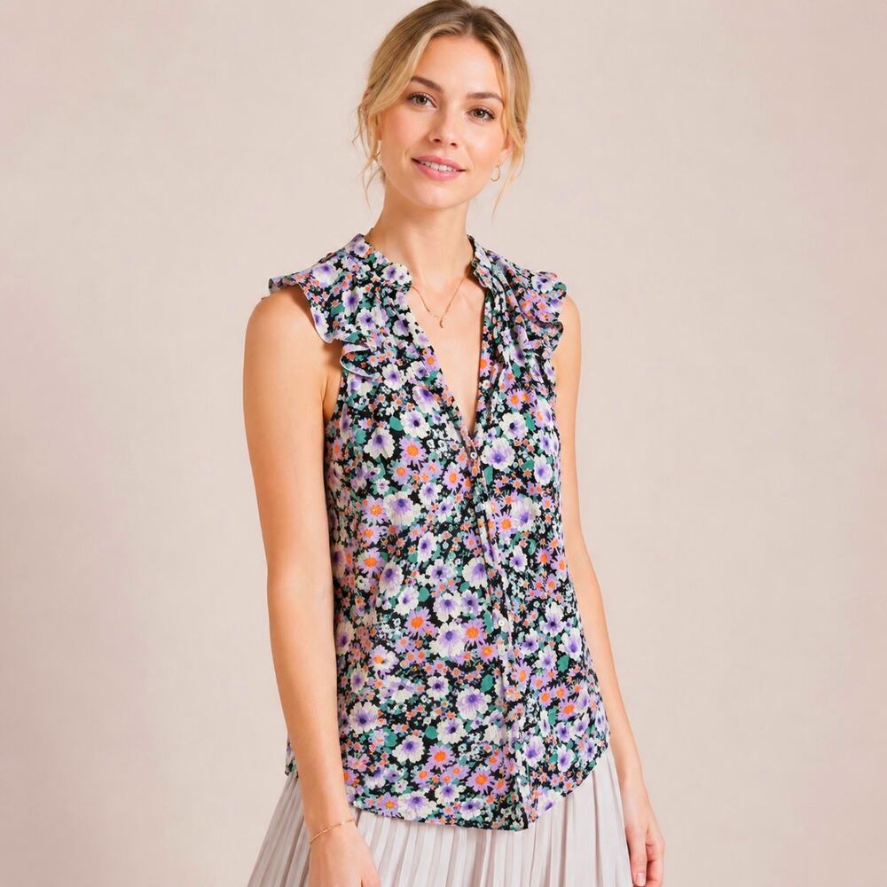 By Anthropologie Sleeveless Blouse Tank Top Floral Ruffled Button Front Small